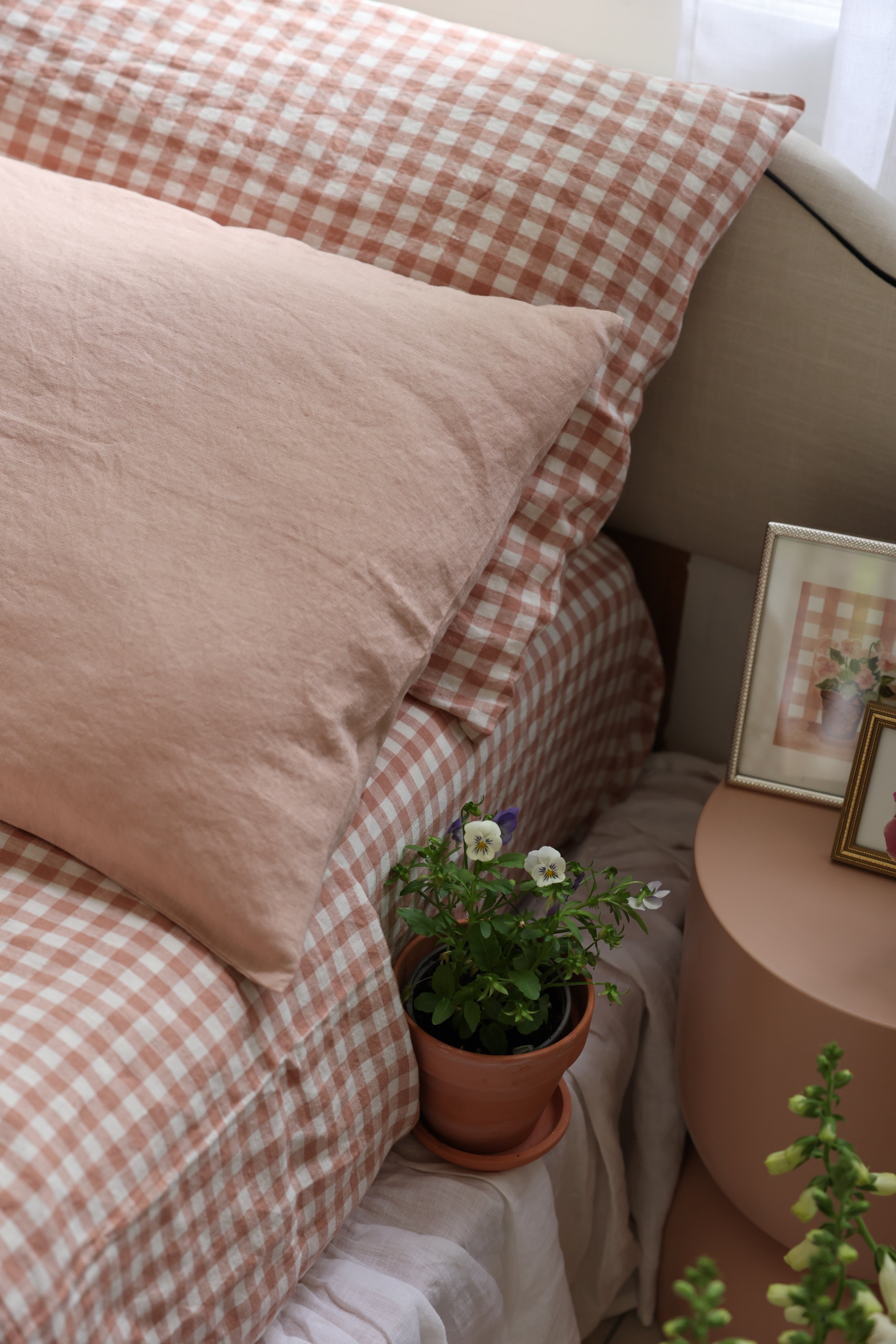 Reversible Terracotta Pink Gingham Linen Duvet Cover - Preorder