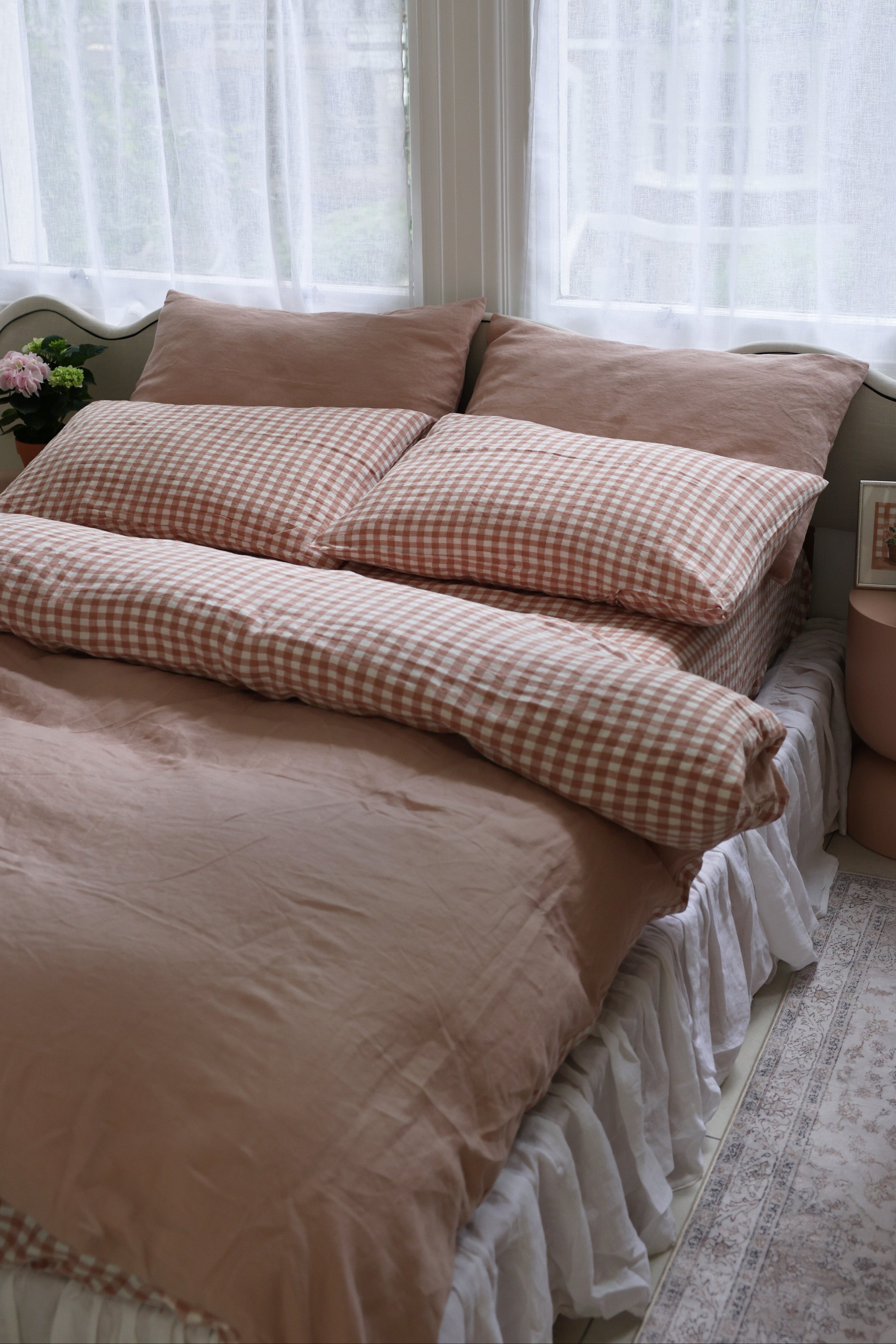 Reversible Terracotta Pink Gingham Linen Duvet Cover - Preorder