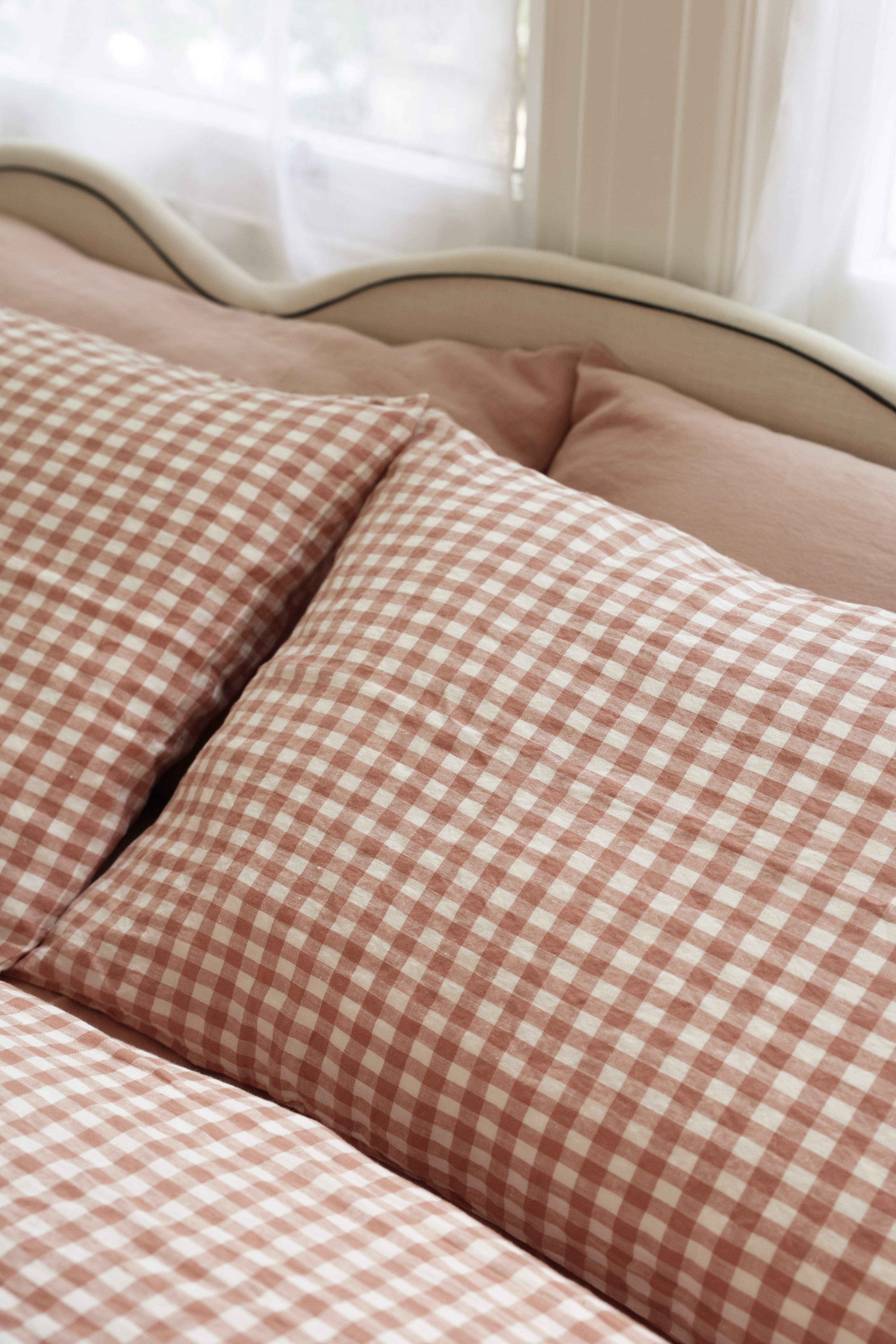 Terracotta Pink Gingham Linen Pillowcase Pair - Preorder