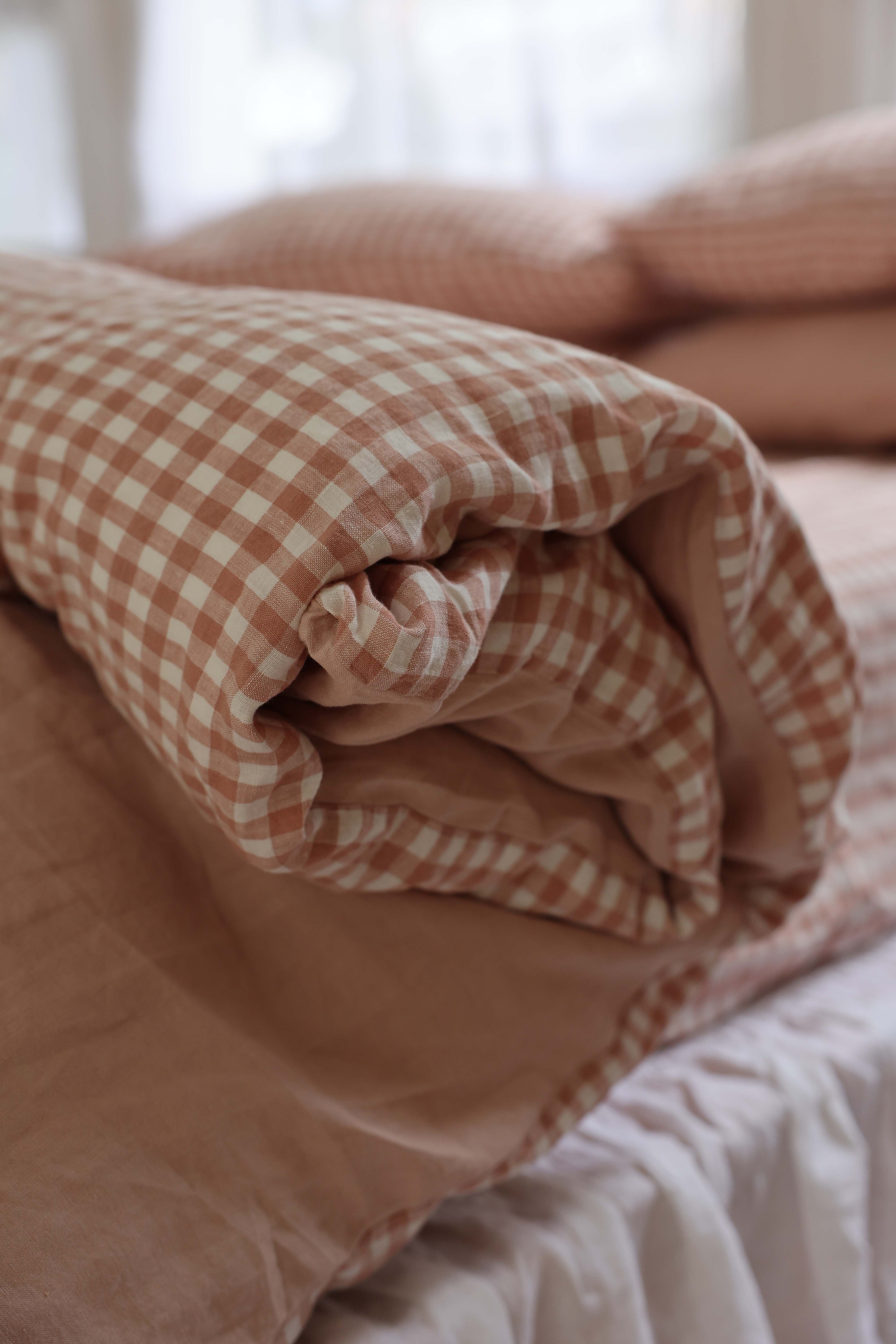 Reversible Terracotta Pink Gingham Linen Duvet Cover - Preorder